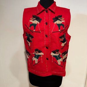 Vintage Dress Barn Red Wool Blend‎ Skiing Moose Vest! ❄️🦌. Size L Item# 0005